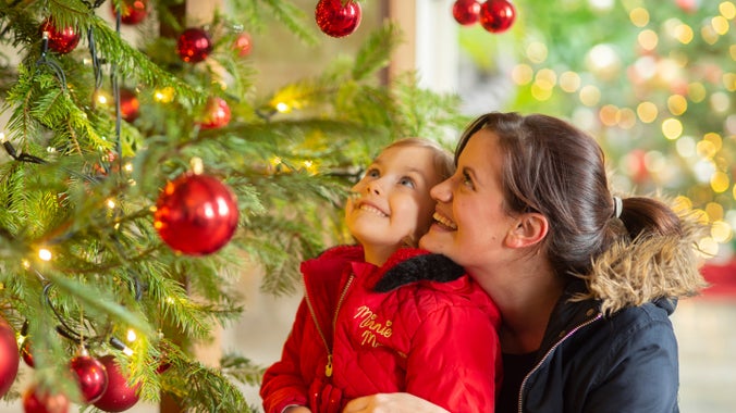 Family visitors in the house at Trelissick looking up at a decorated Christmas tree together, Trelissick, Cornwall